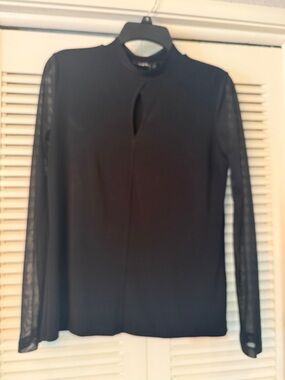 DKNY Black Long-Sleeve Top with Mesh Sleeves and Front Keyhole